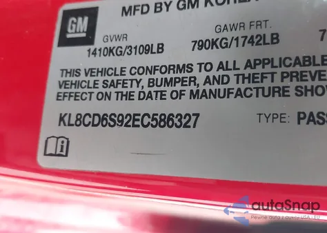 2014 Chevrolet Spark 1Lt Auto from USA, damaged, VIN KL8CD6S92EC586327